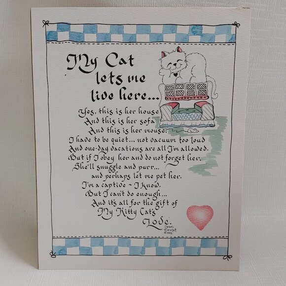 1995 Jean Drolet Cat Print My Cat Lets Me Live Here ADORABLE Fun and Funny - Picture 1 of 6